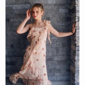 Y2K Dead Stock Peach Silk Chiffon /  Floral Ruffle Dress Elena Collection